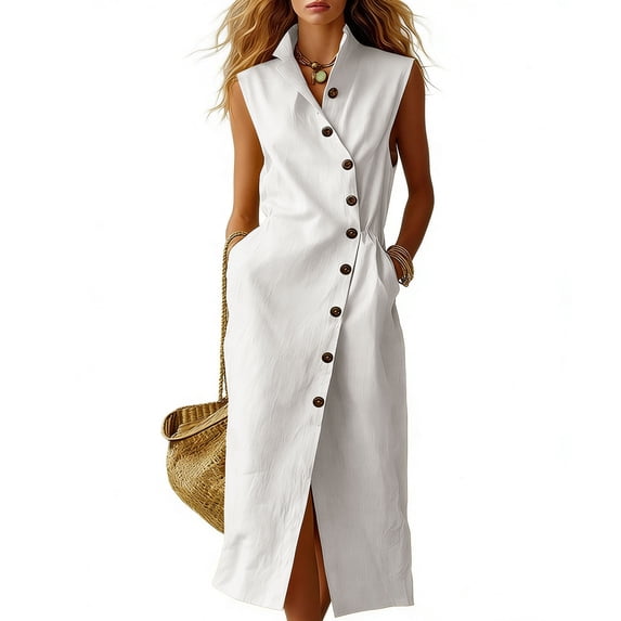 LNWUY Linen Dresses for Women Fashion Summer Sleeveless Button Down Maxi Sundresses Casual V Neck Pocket Dress White XXL