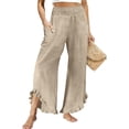 thumbnail image 1 of LNWUY Linen Pants Women Smocked High Waisted Wide Leg Cropped Pants with Pockets Cute Ruffle Boho Flowy Beach Pants Beige S, 1 of 5