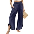 thumbnail image 1 of LNWUY Linen Pants Women Smocked High Waisted Wide Leg Cropped Pants with Pockets Cute Ruffle Boho Flowy Beach Pants Blue S, 1 of 5
