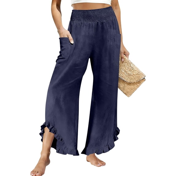 LNWUY Linen Pants Women Smocked High Waisted Wide Leg Cropped Pants with Pockets Cute Ruffle Boho Flowy Beach Pants Blue S