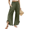 thumbnail image 1 of LNWUY Linen Pants Women Smocked High Waisted Wide Leg Cropped Pants with Pockets Cute Ruffle Boho Flowy Beach Pants Green M, 1 of 5