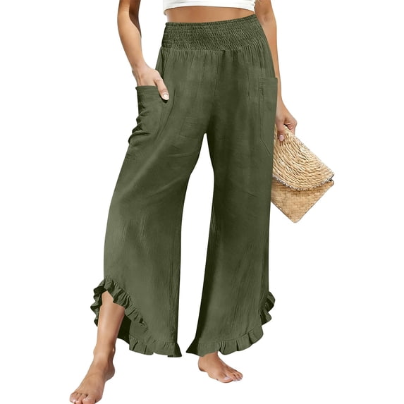 LNWUY Linen Pants Women Smocked High Waisted Wide Leg Cropped Pants with Pockets Cute Ruffle Boho Flowy Beach Pants Green M