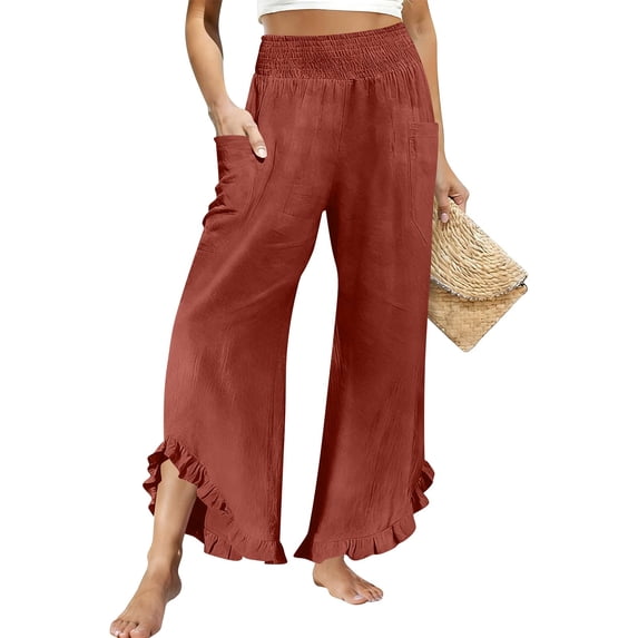 LNWUY Linen Pants Women Smocked High Waisted Wide Leg Cropped Pants with Pockets Cute Ruffle Boho Flowy Beach Pants Red L