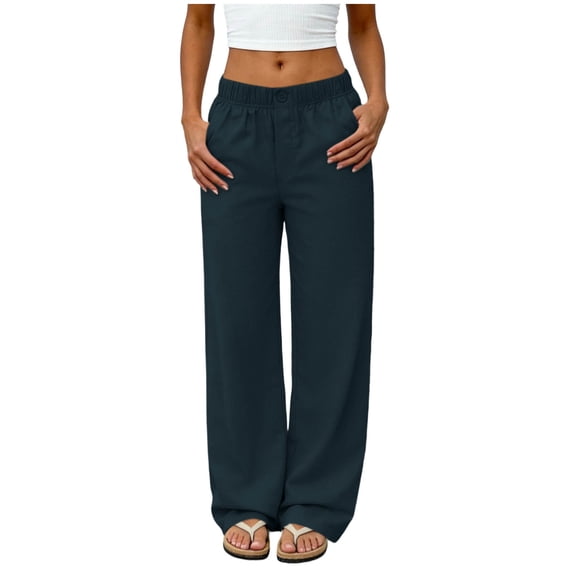 LNWUY Linen Pants Women Wide Leg Elastic Waist Flowy Pants Solid Color Casual Sport Pants with Pockets Beach Travel Trousers Blue M