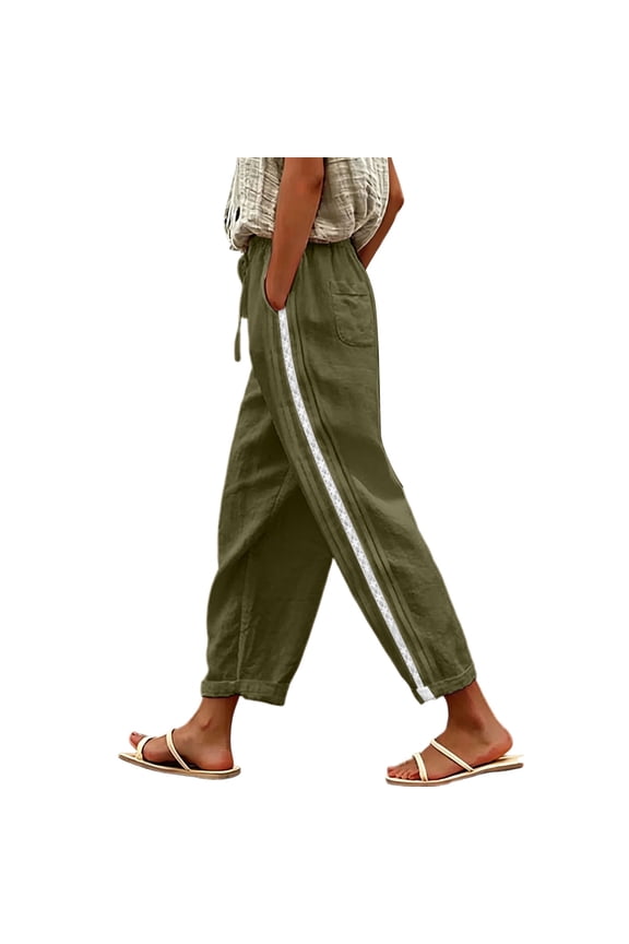 Linen Pants for Women Side Lace Spliced Button Down Lightweight Elastic Waist Trousers Loose Casual Pants with Pockets Green XXL