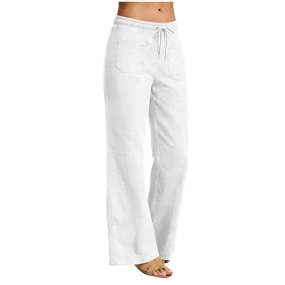 LNWUY Linen Pants for Women Summer Lounge Pants High Waisted Straight Leg Trouser with Pockets Beach Vacation Clothes White S