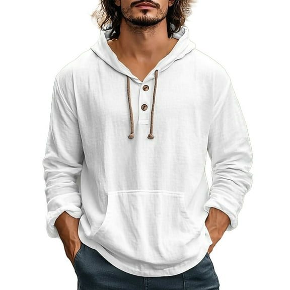 LNWUY Linen Shirts for Men Lightweight Button Up Long Sleeve Shirts with Hood Loose Fit Breathable Boho Beach Pullover Top White L