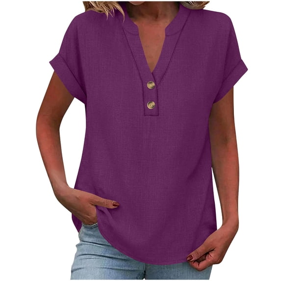 LNWUY Linen Tops for Women Fashion Summer Short Sleeve Cotton Shirts Loose Causal Button V Neck Blouses Clothes Purple XL