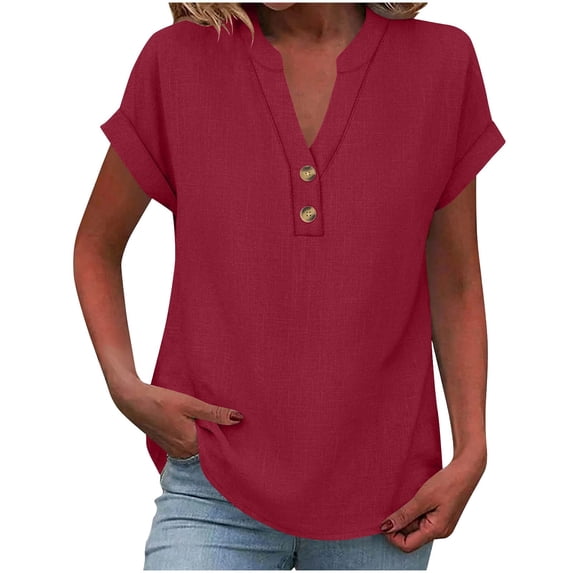 LNWUY Linen Tops for Women Fashion Summer Short Sleeve Cotton Shirts Loose Causal Button V Neck Blouses Clothes Red M