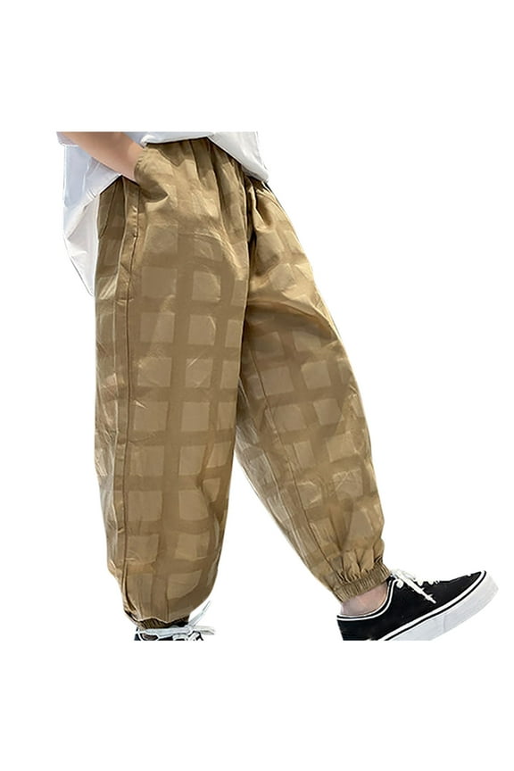 Little Boy's Cotton Grid Cargo Pants with Pockets Children Outdoor Hiking Climbing Trousers Jogger Solid Pants Khaki 12 Years