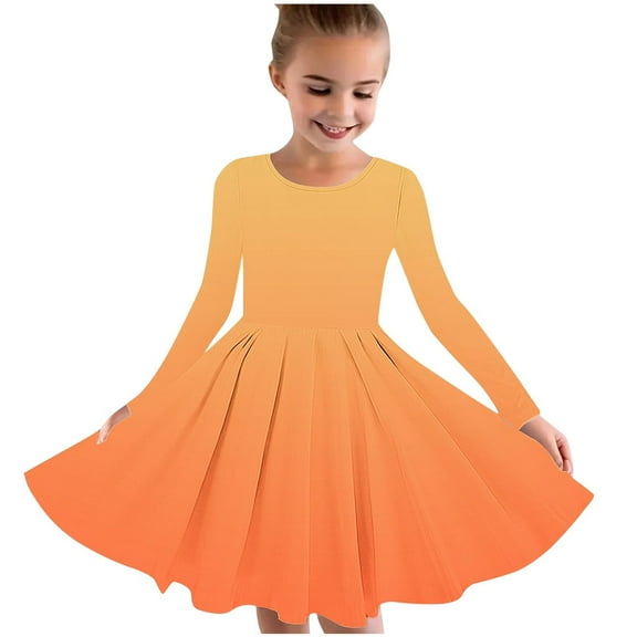 LNWUY Long Sleeve Girls Dress Toddler Fall Dresses Skater Twirl Cotton A-Line Dress for School Casual Round Neck Dress Orange 5 Years