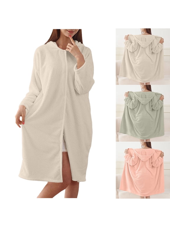 Long Sleeve Robes for Women Hooded Textured Terry Cloth Bathrobe Quick Drying After Bath Nightrobes Loungewear Green Free Size