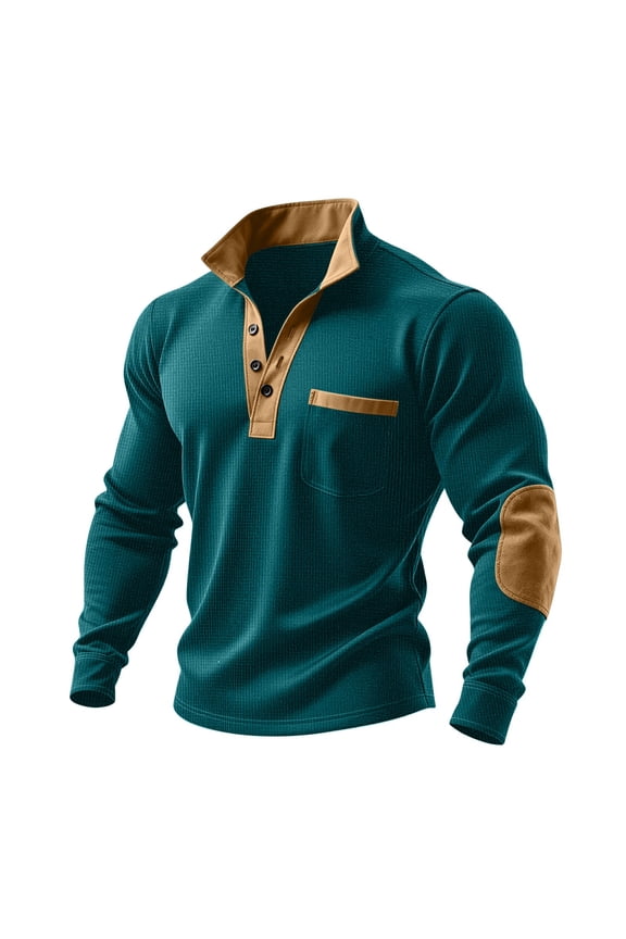 Long Sleeve Shirts for Men Textured Collared Pullover Casual Color Block Outdoor Golf Shirt with Elbow Patch Green S