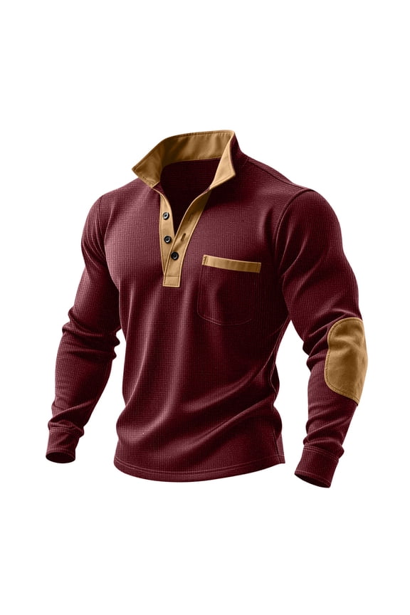 Long Sleeve Shirts for Men Textured Collared Pullover Casual Color Block Outdoor Golf Shirt with Elbow Patch Red XXL