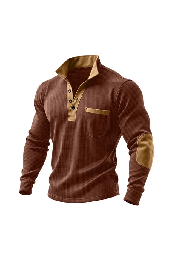 Long Sleeve Shirts for Men Textured Collared Pullover Casual Color Block Outdoor Golf Shirt with Elbow Patch Yellow XXL