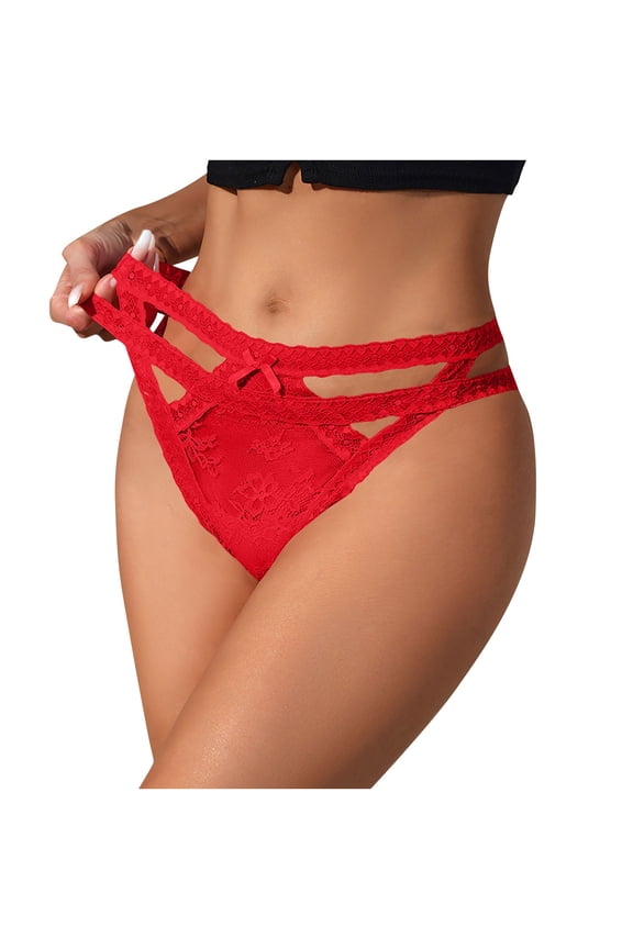 Low Waisted Thongs for Women Fashion Lace Seamless Thin Breathable Underwear T-Back See Through Panties Red L