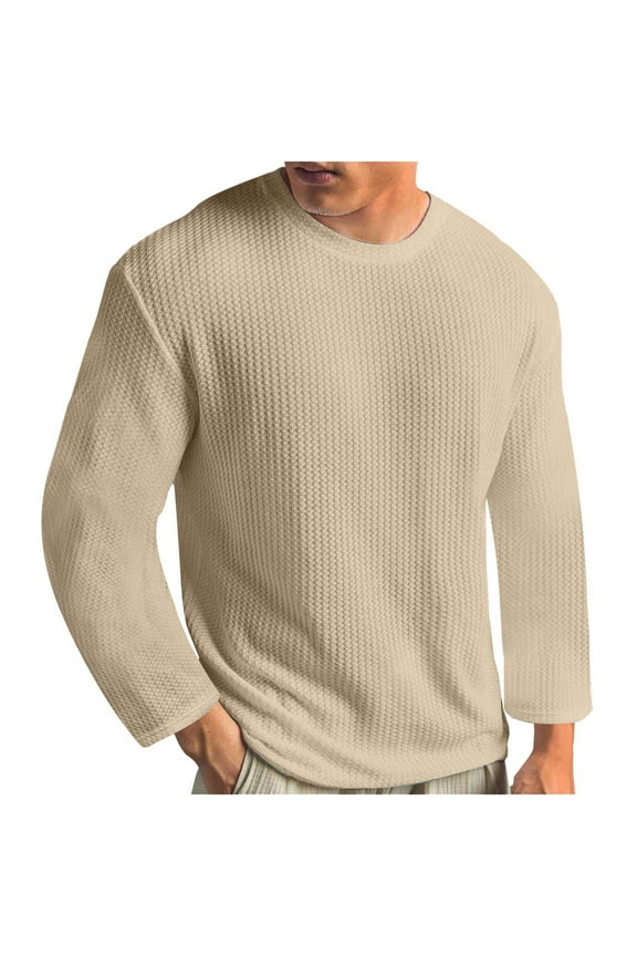 (M-5XL)Big and Tall Men's Long Sleeve Shirts Soft Comfy Breathable Waffle Pullover Sweater Crewneck Thermal Tops Lightweight Undershirts Khaki M