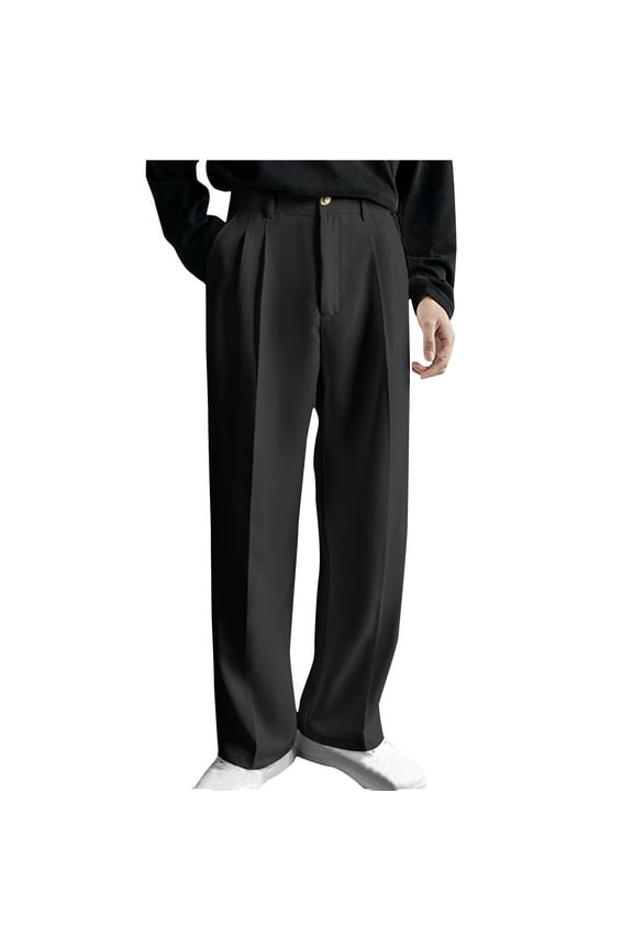(M-5XL)Big and Tall Men's Pleated Straight Wide Leg Suit Pants Business Pants with Pocket Button Zipper Fly Loose Trousers High Waisted Black XXL