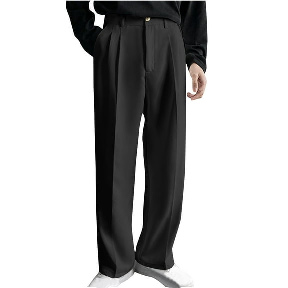 LNWUY (M-5XL)Big and Tall Men's Pleated Straight Wide Leg Suit Pants Business Pants with Pocket Button Zipper Fly Loose Trousers High Waisted Black XXXXXL