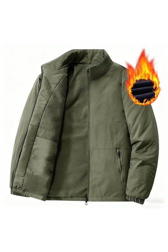 (M-5XL) Big and Tall Men's Waterproof Jacket Long Sleeve Stand Collar with Zipper Pockets, Lightweight Fleece Lined Windbreaker for Outdoor Hiking Green XXXL