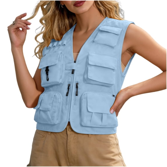 LNWUY (M-5XL) Big and Tall Men's Casual Lightweight Outdoor Fishing Work Travel Photo Cargo Vest Jacket with Multi Pockets Blue XXXXL