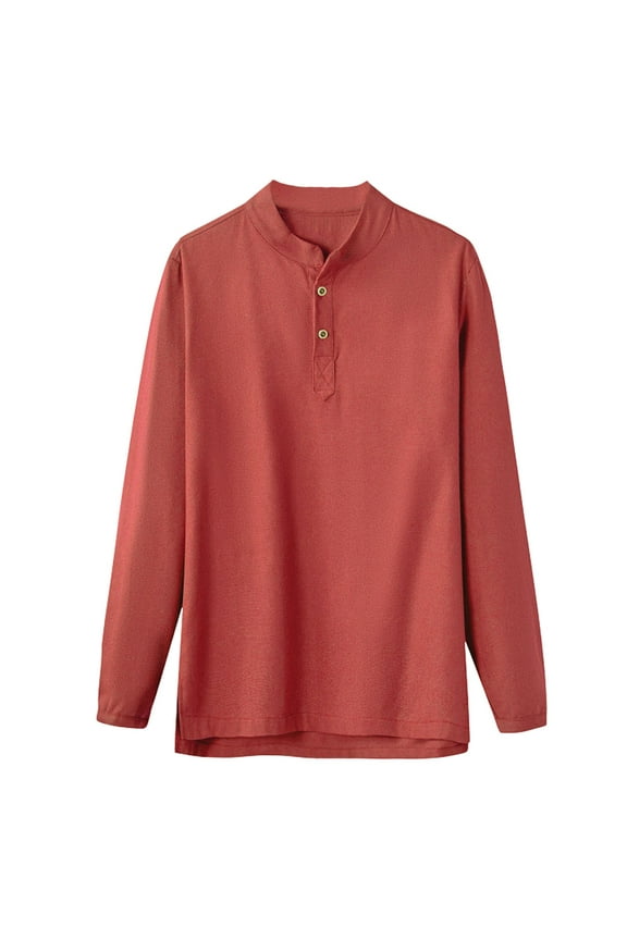 (M-5XL) Big and Tall Men's Fashion Casual Solid Color Faux Cotton Linen Standing Collar Long Sleeve Shirt Tops Red M