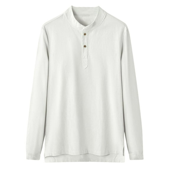 LNWUY (M-5XL) Big and Tall Men's Fashion Casual Solid Color Faux Cotton Linen Standing Collar Long Sleeve Shirt Tops White L