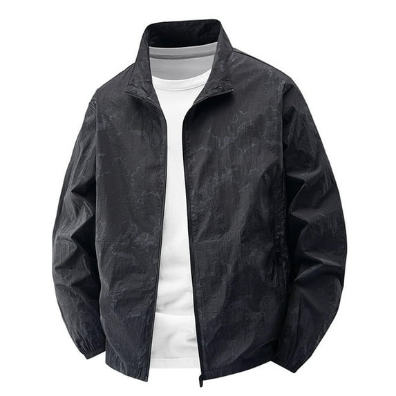 LNWUY (M-5XL) Big and Tall Men's Fashion Solid Color Outdoor Pocket Zipper Long Sleeve Jacket Sunscreen Standing Collar Coat Black XXL