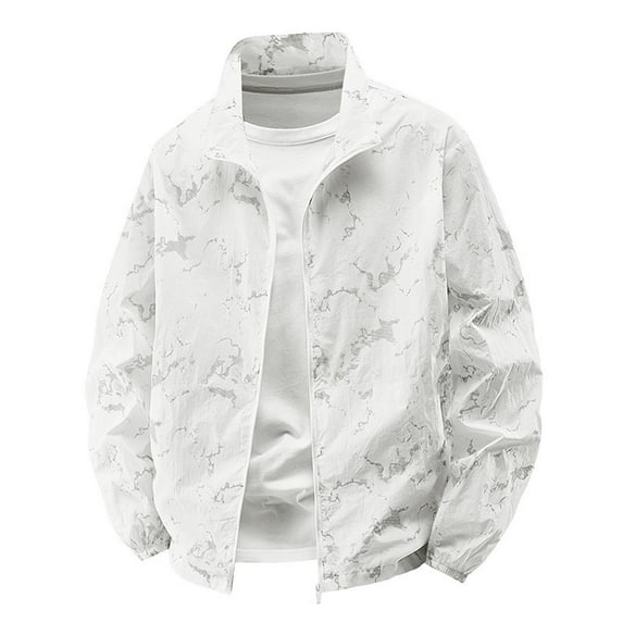 LNWUY (M-5XL) Big and Tall Men's Fashion Solid Color Outdoor Pocket Zipper Long Sleeve Jacket Sunscreen Standing Collar Coat White L