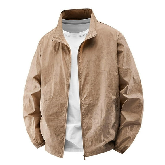 LNWUY (M-5XL) Big and Tall Men's Fashion Solid Color Outdoor Pocket Zipper Long Sleeve Jacket Sunscreen Standing Collar Coat Yellow L