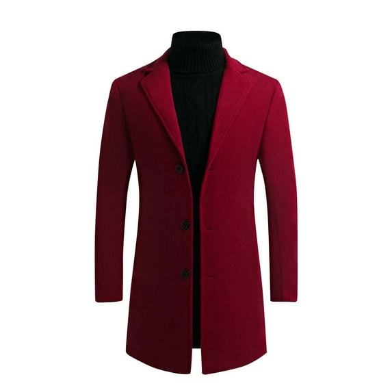 LNWUY (M-5XL) Big and Tall Men's Fleece Blend Pea Coat Notched Collar Single Breasted Overcoat Warm Winter Trench Coat Red XL