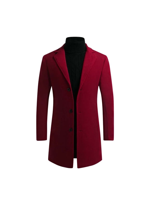 (M-5XL) Big and Tall Men's Fleece Blend Pea Coat Notched Collar Single Breasted Overcoat Warm Winter Trench Coat Red XL