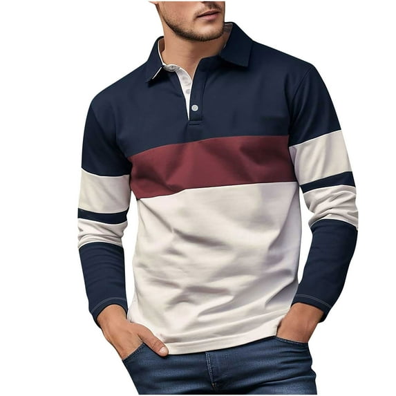 LNWUY (M-5XL) Big and Tall Men's Golf Shirts Long Sleeve Striped Printed Quick Dry Lightweight Casual Collared Blouse Shirt Blue M