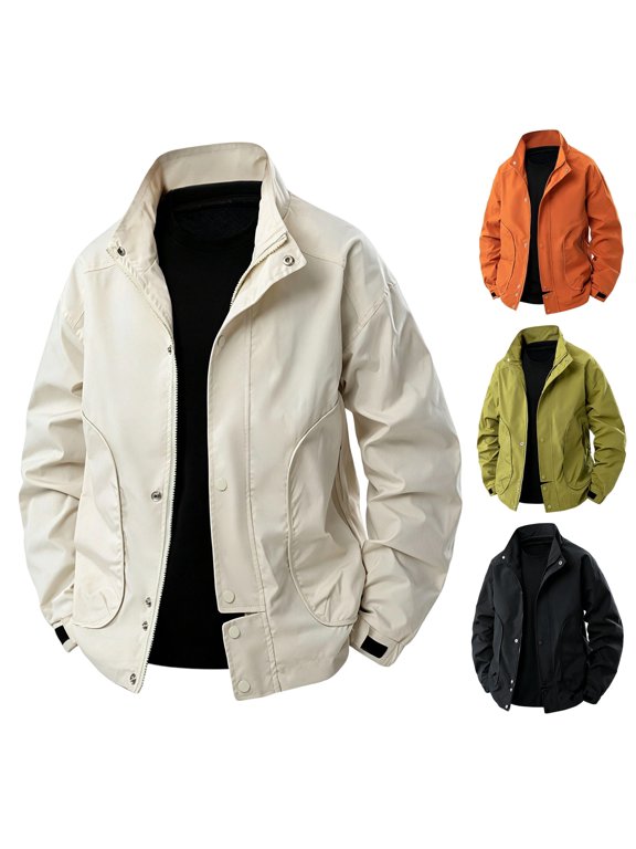 (M-5XL) Big and Tall Men's Hoodless Stand Collar Loose Windproof Water Hiking Jacket Casual Outdoor Sports Outerwear Orange XXXXXL