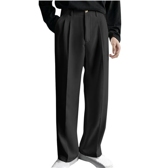 LNWUY (M-5XL)Big and Tall Men's Pleated Straight Wide Leg Suit Pants Business Pants with Pocket Button Zipper Fly Loose Trousers High Waisted Black S