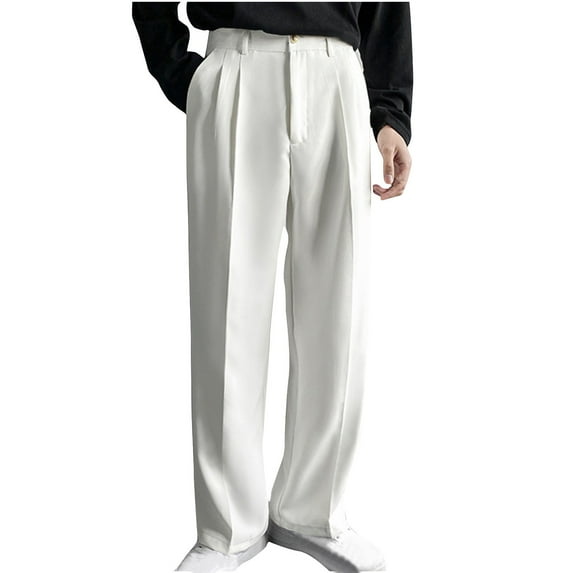LNWUY (M-5XL)Big and Tall Men's Pleated Straight Wide Leg Suit Pants Business Pants with Pocket Button Zipper Fly Loose Trousers High Waisted White M