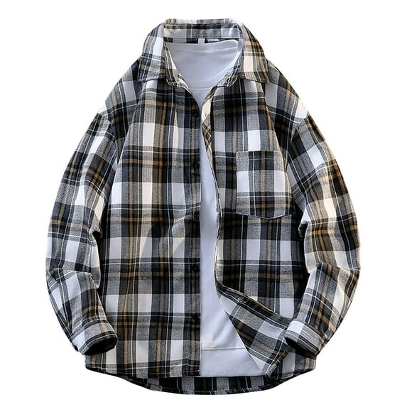 LNWUY (M-5XL) Big and Tall Men's Regular Fit Long Sleeve Vintage Plaid Flannel Shirt, Button Down Shirts Casual Shirts White L