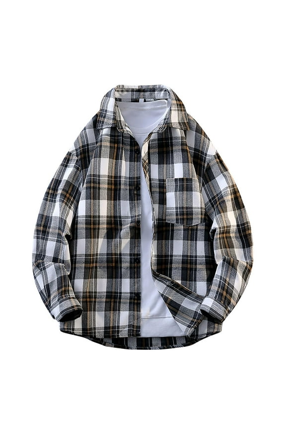 (M-5XL) Big and Tall Men's Regular Fit Long Sleeve Vintage Plaid Flannel Shirt, Button Down Shirts Casual Shirts White L