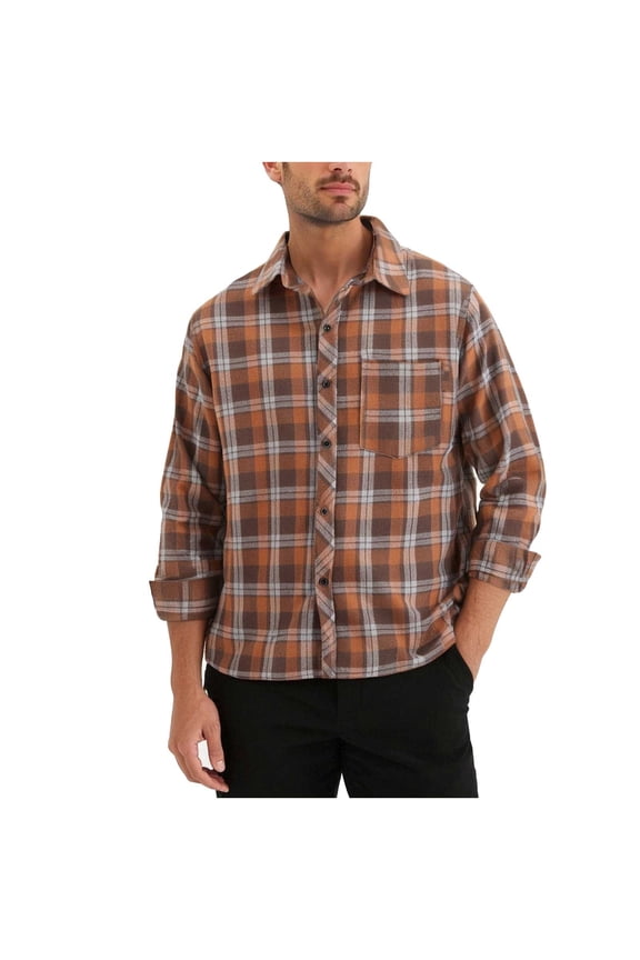 (M-5XL) Big and Tall Men's Vintage Casual Check Button Down Flannel Shirts Pocket Lapel Fashion Long Sleeve Shirts Brown XXXXXL