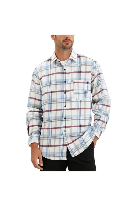 (M-5XL) Big and Tall Men's Vintage Casual Check Button Down Flannel Shirts Pocket Lapel Fashion Long Sleeve Shirts White XXXXXL