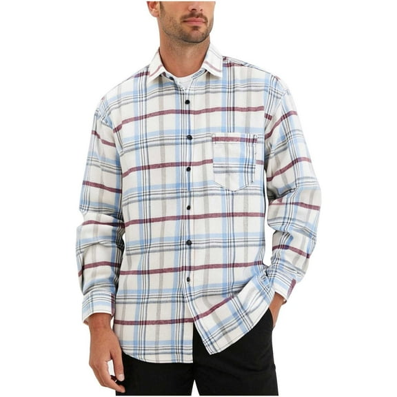 LNWUY (M-5XL) Big and Tall Men's Vintage Casual Check Button Down Flannel Shirts Pocket Lapel Fashion Long Sleeve Shirts White XXXXXL