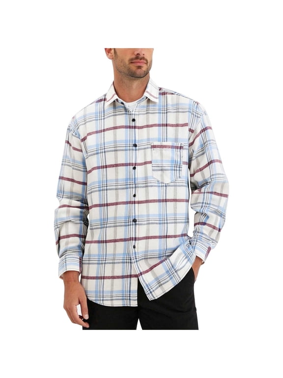 (M-5XL) Big and Tall Men's Vintage Casual Check Button Down Flannel Shirts Pocket Lapel Fashion Long Sleeve Shirts White XXXXXL