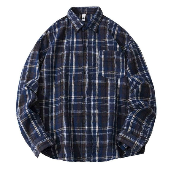 LNWUY (M-5XL) Big and Tall Mens Flannel Plaid Shirts Regular Fit Long Sleeve Turndown Collar Pocket Button Down Shirts Top Blue XXL