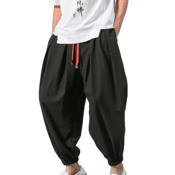 LNWUY (M-5XL) Big and Tall Mens Hippie Harem Pants Casual Elastic Drawstring Tapered Pants Solid Color Baggy Yoga Drop Crotch Trousers Black L