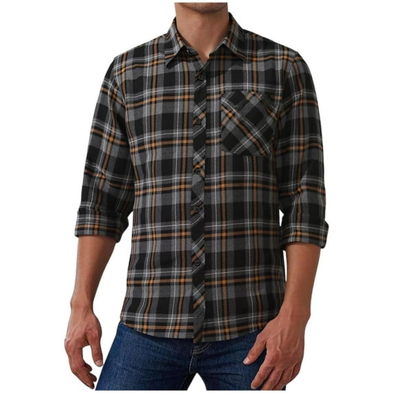 LNWUY (M-5XL) Big and Tall Mens Long Sleeve Shirts Button Down Plaid Shirt Casual Cotton Collared Shirt Jacket with Pockets Black XXXXL