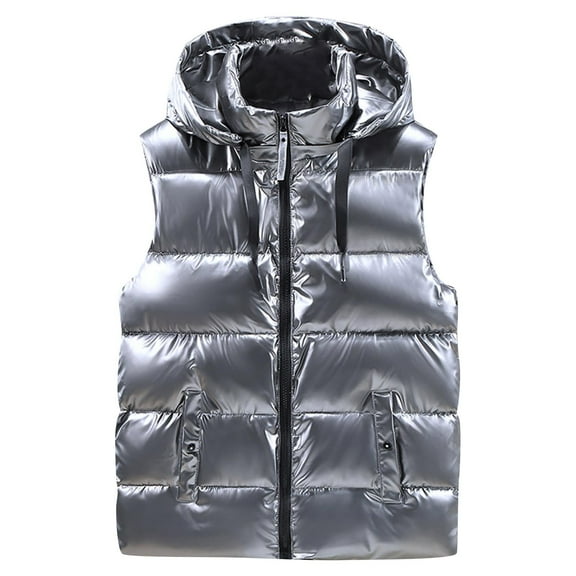 LNWUY (M-5XL) Big and Tall Mens Shiny Puffer Down Vest Waterproof Hooded Coat Sleeveless Puffy Jacket with Pockets Silver XXXXXL
