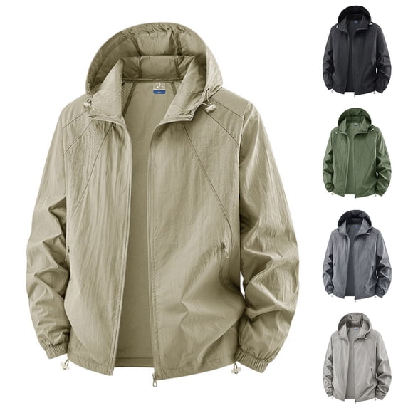 LNWUY (M-5XL) Men's Big and Tall Lightweight Windbreaker Hooded Jacket Drawstring Zip Front Side Pockets Casual Outerwear Gray XXXXL