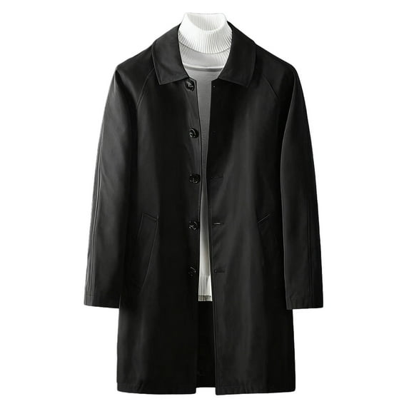 LNWUY (M-5XL) Men's Big and Tall Solid Color Mid Length Button Up Collared Casual Pocket Long Sleeve Trench Coat Black XXXXXL