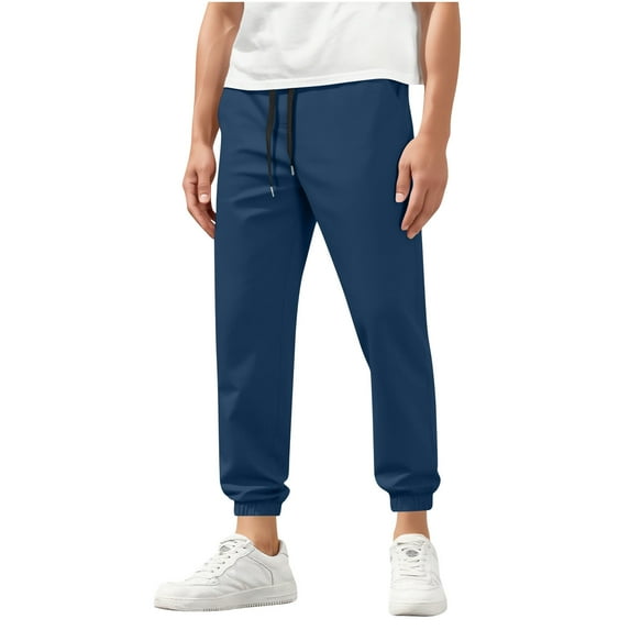 LNWUY (M-5XL) Mens Plus Size Casual Pants Solid Color Cotton Twill Drawstring Elastic Waist Chino Pants with Pockets Blue L