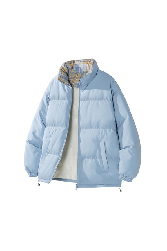 (M-5XL) Plus Size Men's Casual Solid Color Checkered Print Long Sleeve Stand Up Collar Pocket Plus Zipper Jacket Coat Blue M